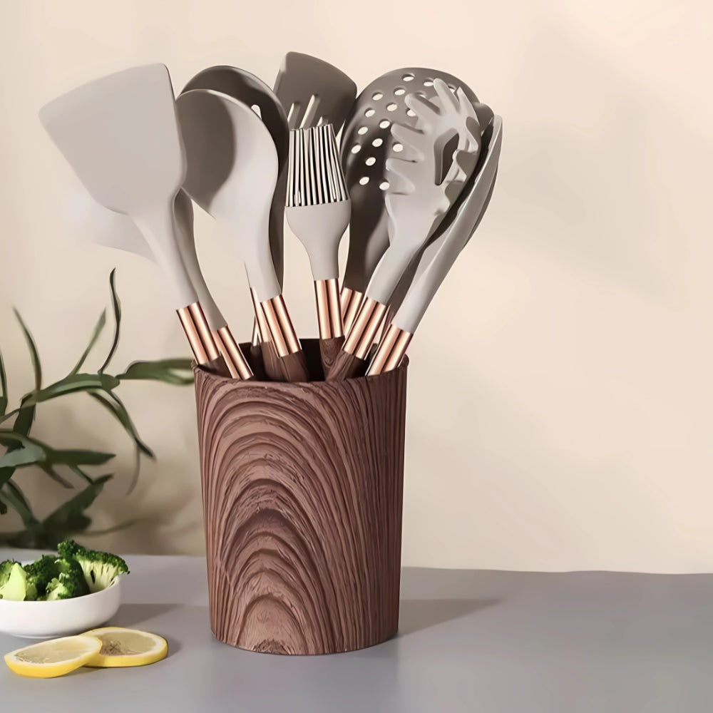 Siliconen Keukenset 10-delig met Houten Look Handgrepen en Roségouden Details