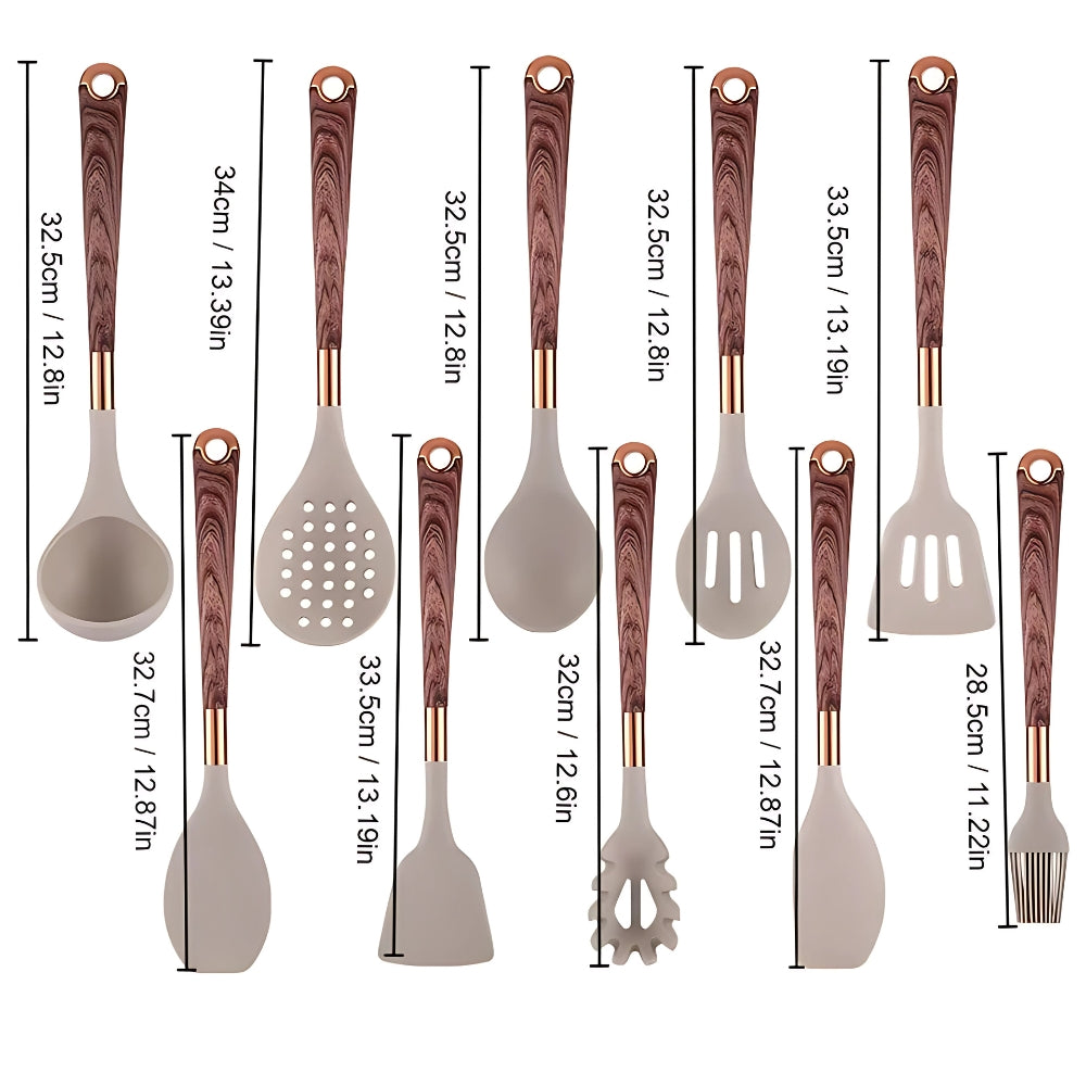 Siliconen Keukenset 10-delig met Houten Look Handgrepen en Roségouden Details