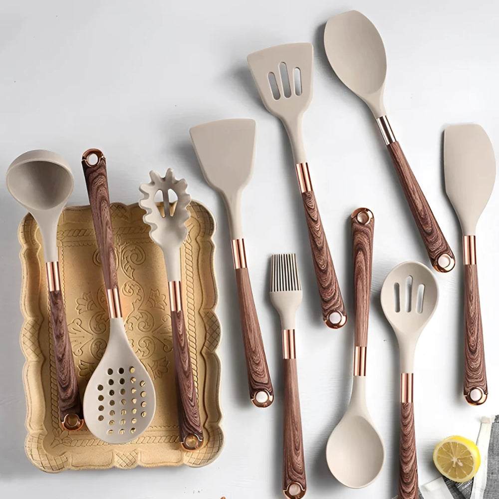 Siliconen Keukenset 10-delig met Houten Look Handgrepen en Roségouden Details
