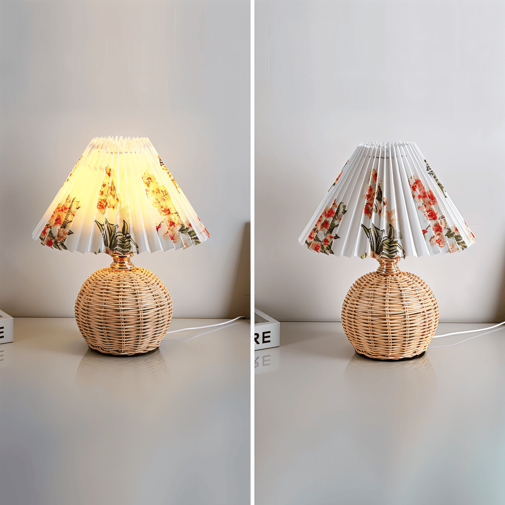 Tafellamp Bohemian met Gevlochten Rotting Voet en Geplooide Kap