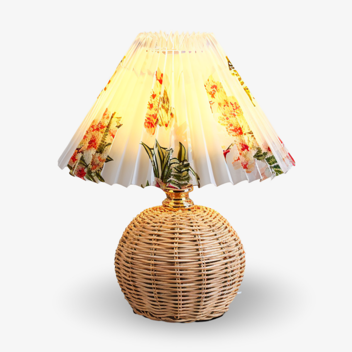 Tafellamp Bohemian met Gevlochten Rotting Voet en Geplooide Kap