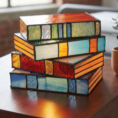 Tafellamp Glas-in-lood Gestapelde Boeken met Inline Schakelaar