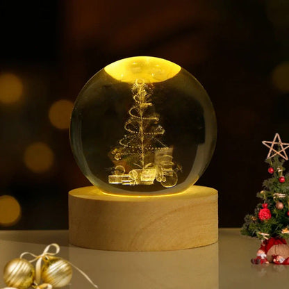 Tafellamp Kristallen Bol met 3D Ruimtemotief en Houten Voet