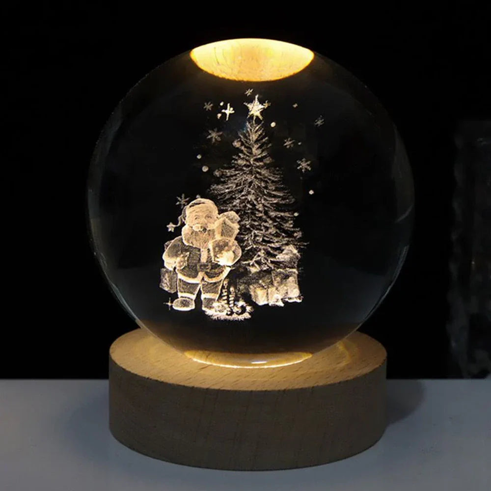 Tafellamp Kristallen Bol met 3D Ruimtemotief en Houten Voet