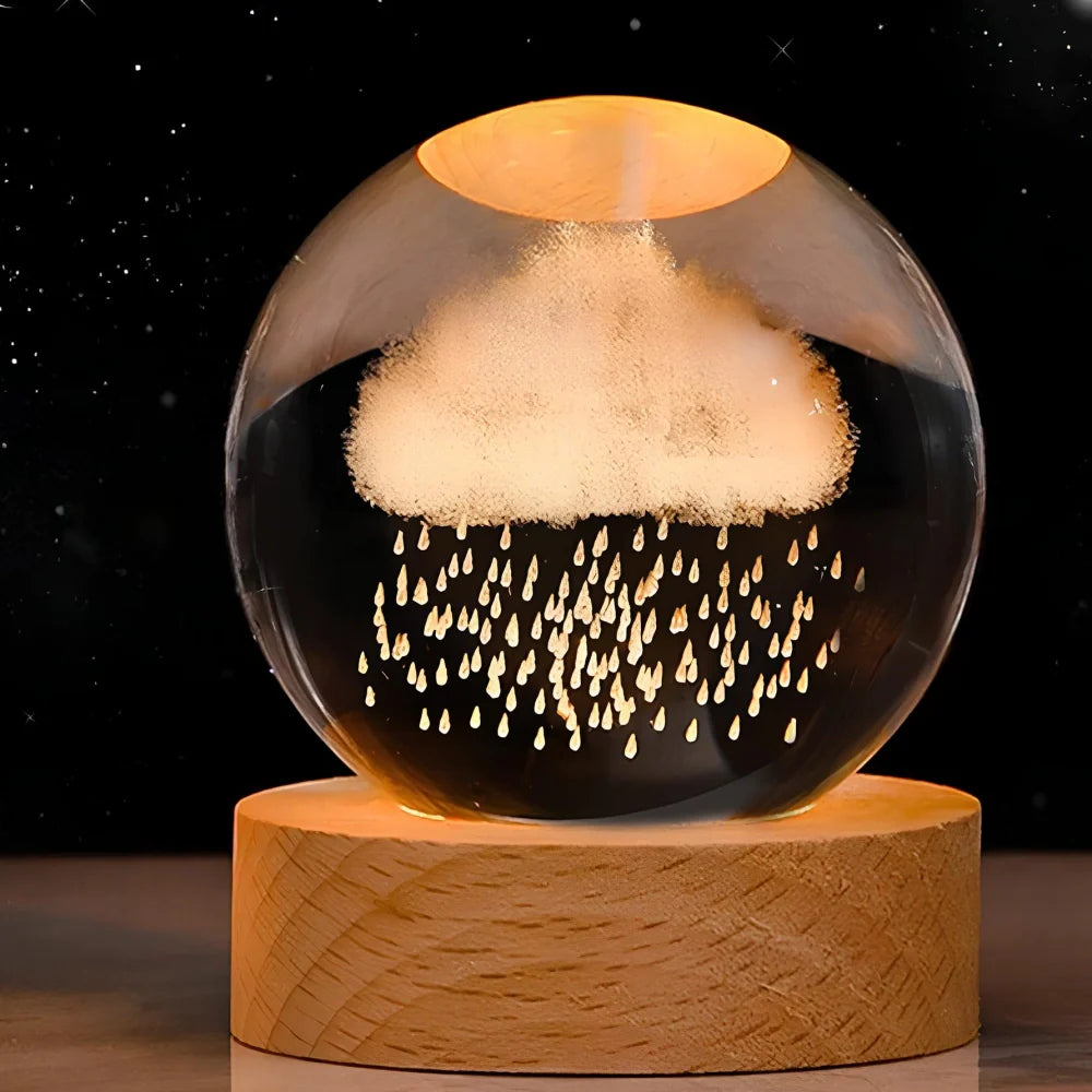 Tafellamp Kristallen Bol met 3D Ruimtemotief en Houten Voet