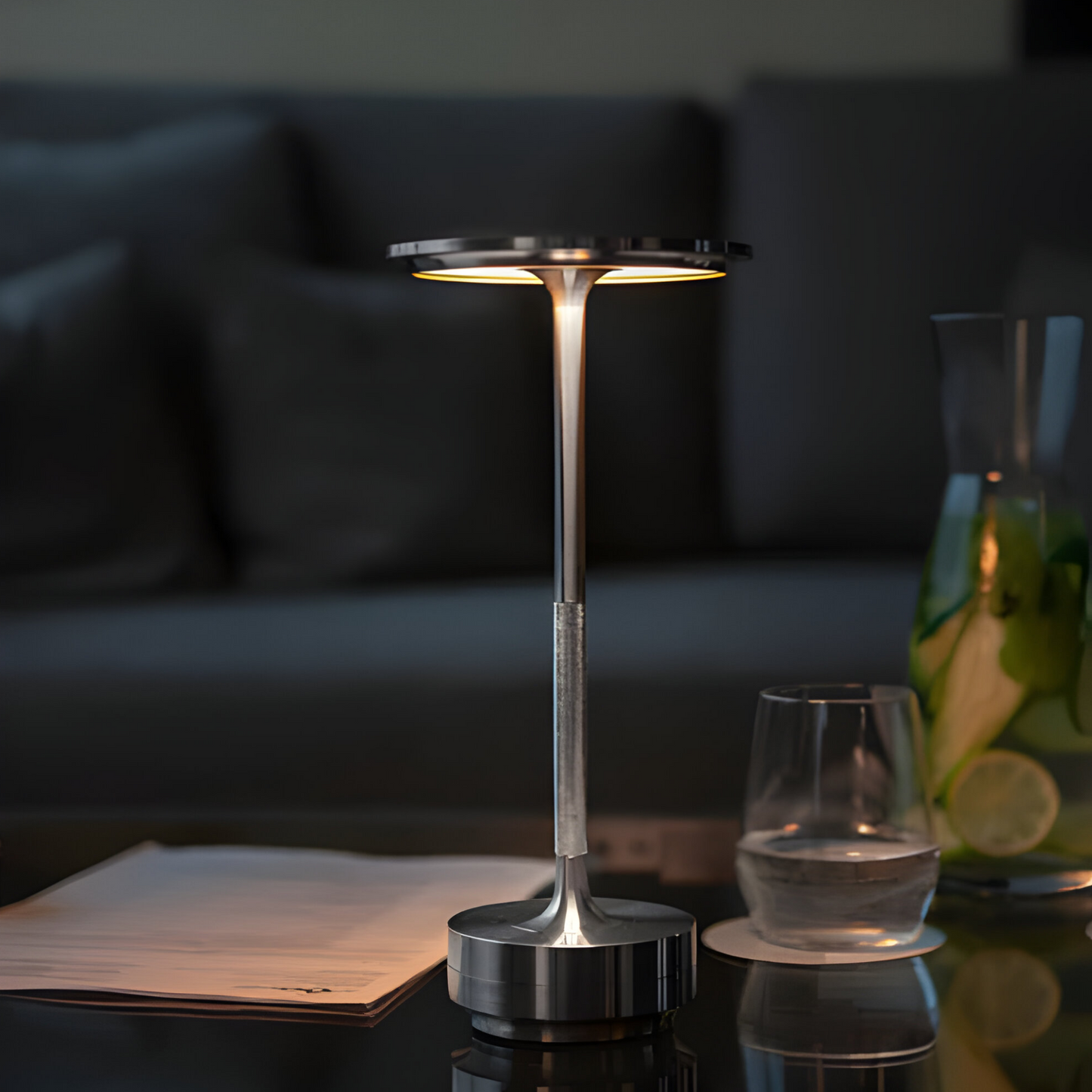 Tafellamp Modern Draadloos met Schijfkap en Metalen Voet Dimbaar