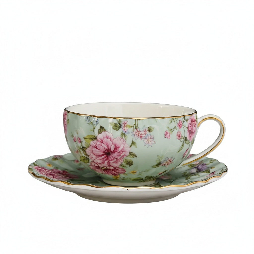 Theekop met Schotel Bloemenprint en Gouden Rand