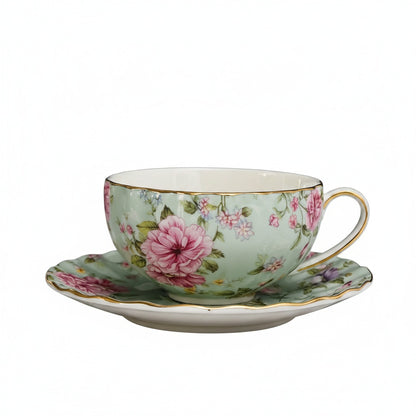 Theekop met Schotel Bloemenprint en Gouden Rand
