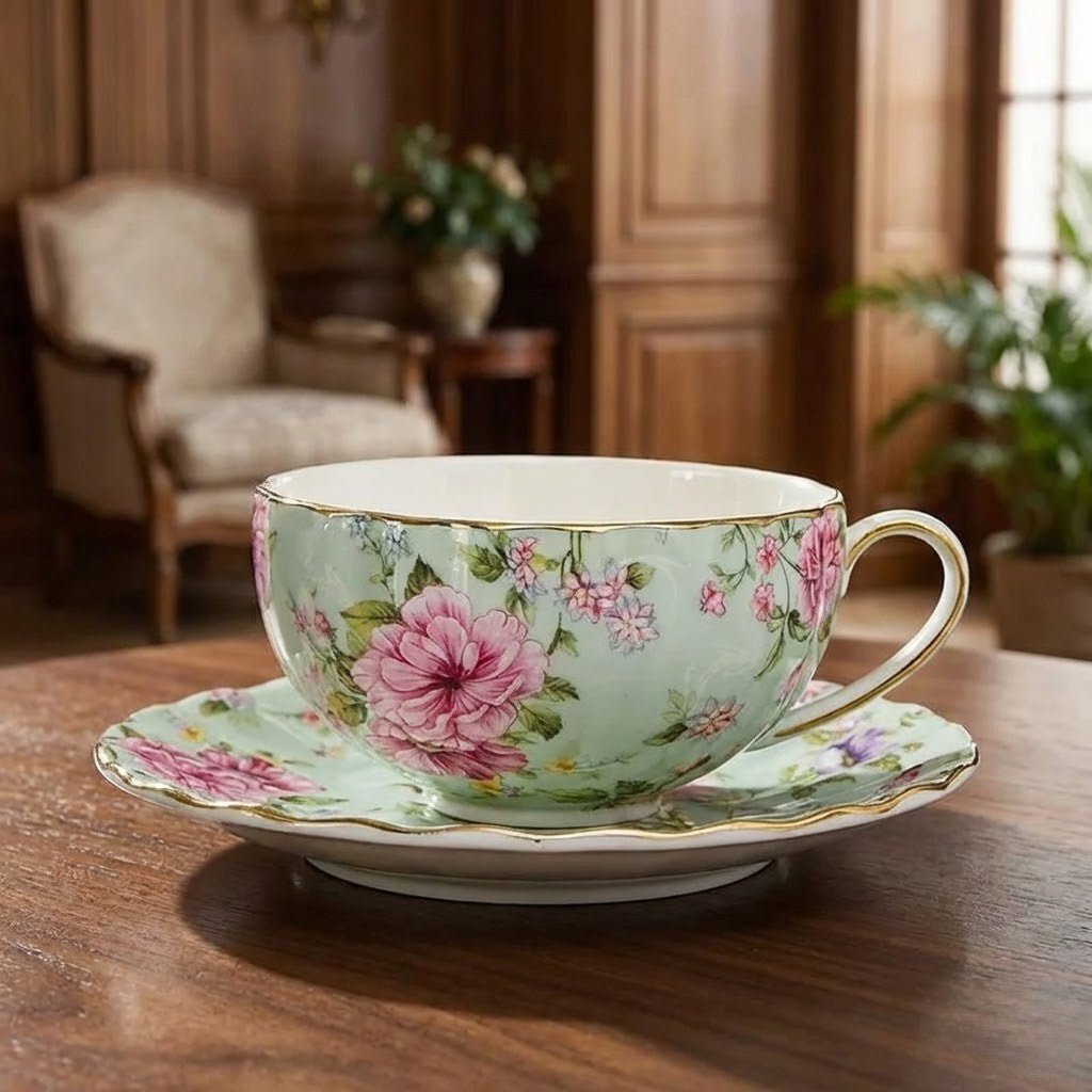 Theekop met Schotel Bloemenprint en Gouden Rand