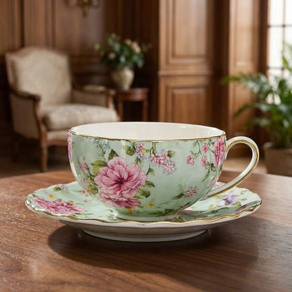 Theekop met Schotel Bloemenprint en Gouden Rand