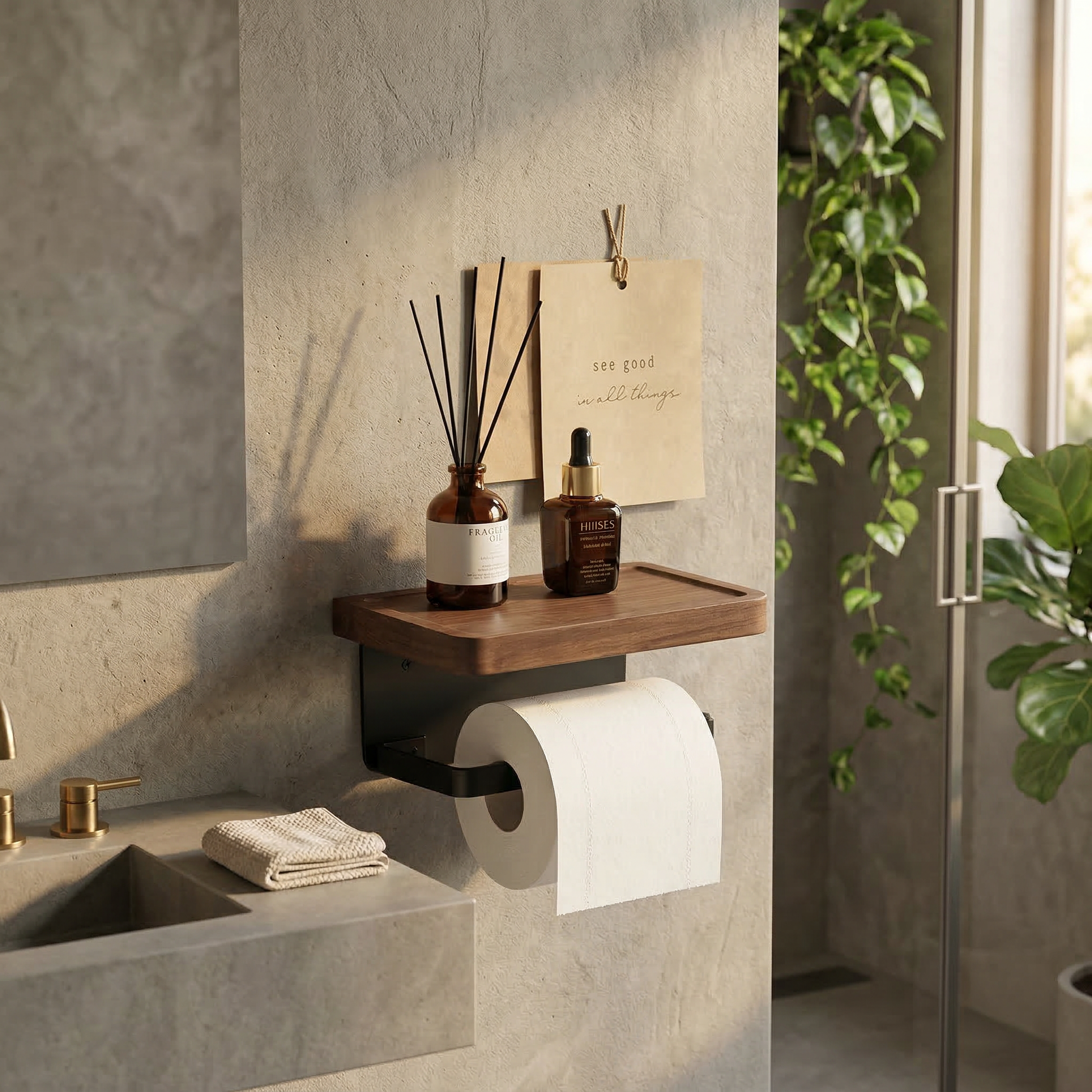 Toiletrolhouder met Houten Plankje en Telefoonhouder voor Wandmontage