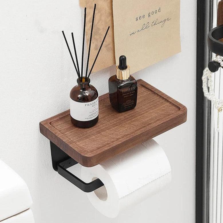 Toiletrolhouder met Houten Plankje en Telefoonhouder voor Wandmontage