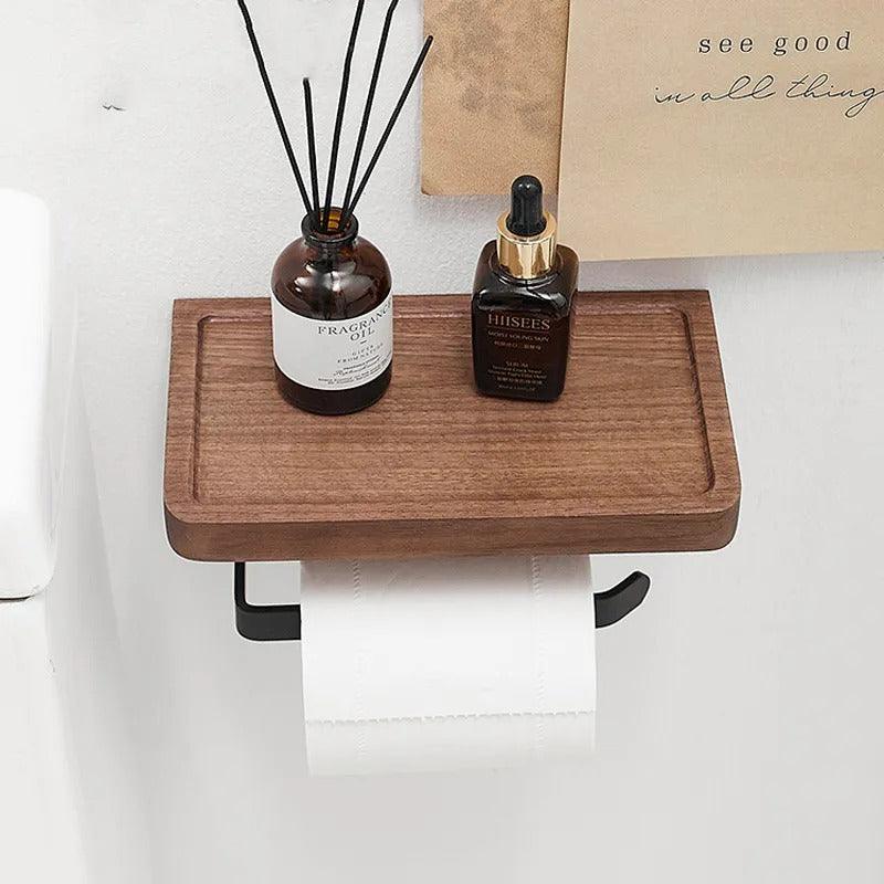 Toiletrolhouder met Houten Plankje en Telefoonhouder voor Wandmontage