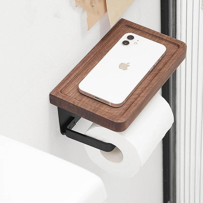 Toiletrolhouder met Houten Plankje en Telefoonhouder voor Wandmontage