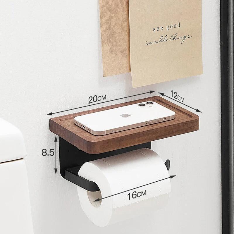Toiletrolhouder met Houten Plankje en Telefoonhouder voor Wandmontage