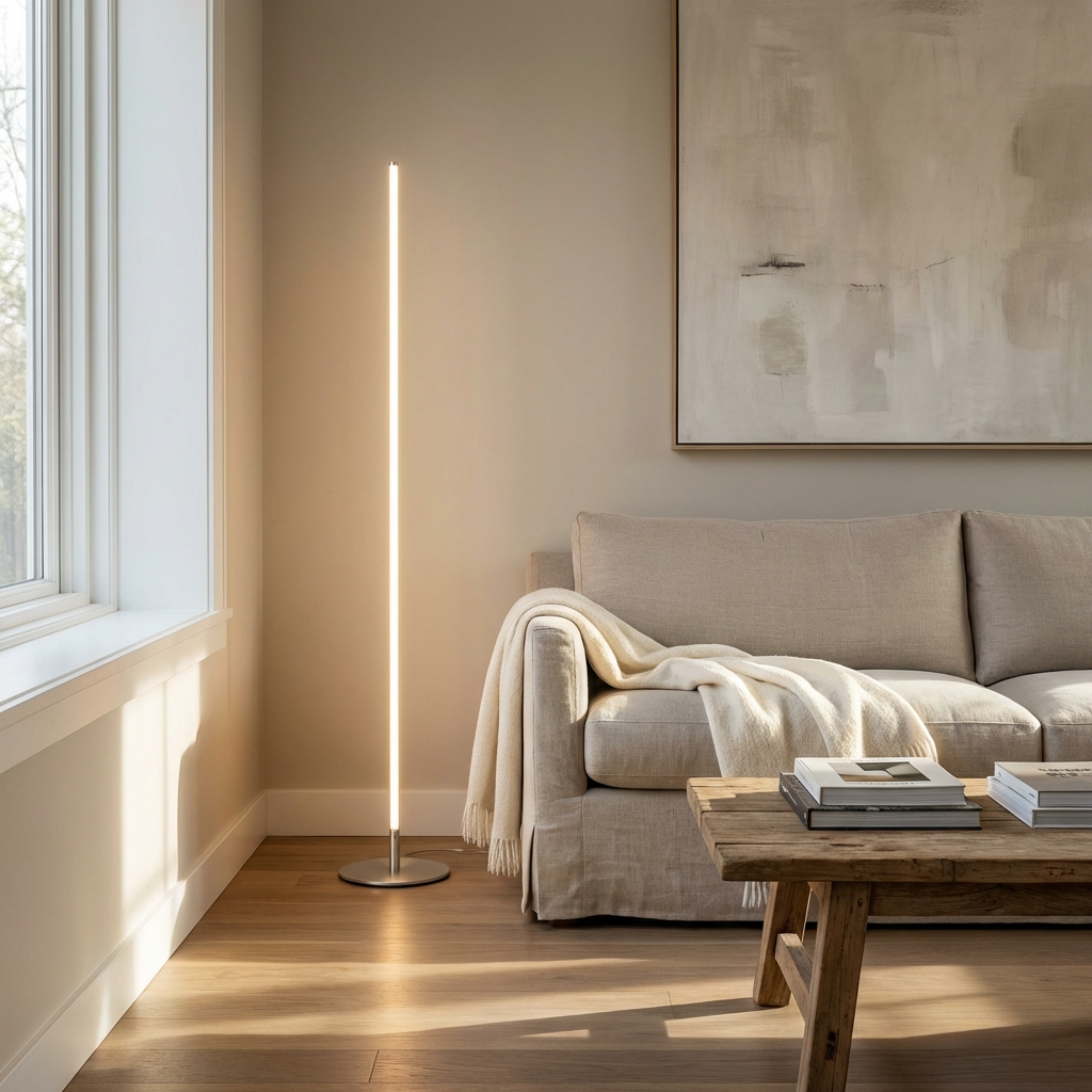 Vloerlamp Minimalistisch met Verticale LED Strip en Ronde Voet
