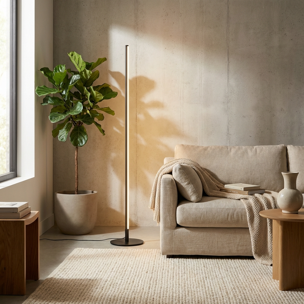 Vloerlamp Minimalistisch met Verticale LED Strip en Ronde Voet