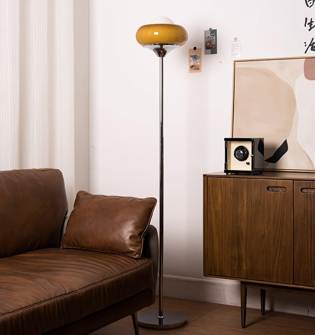Vloerlamp Retro met Ronde Glazen Kap en Chromen Voet