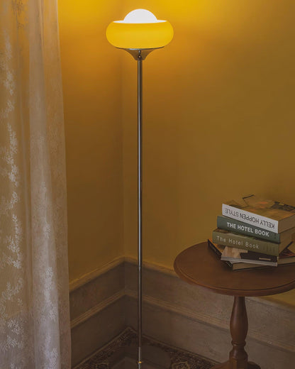 Vloerlamp Retro met Ronde Glazen Kap en Chromen Voet