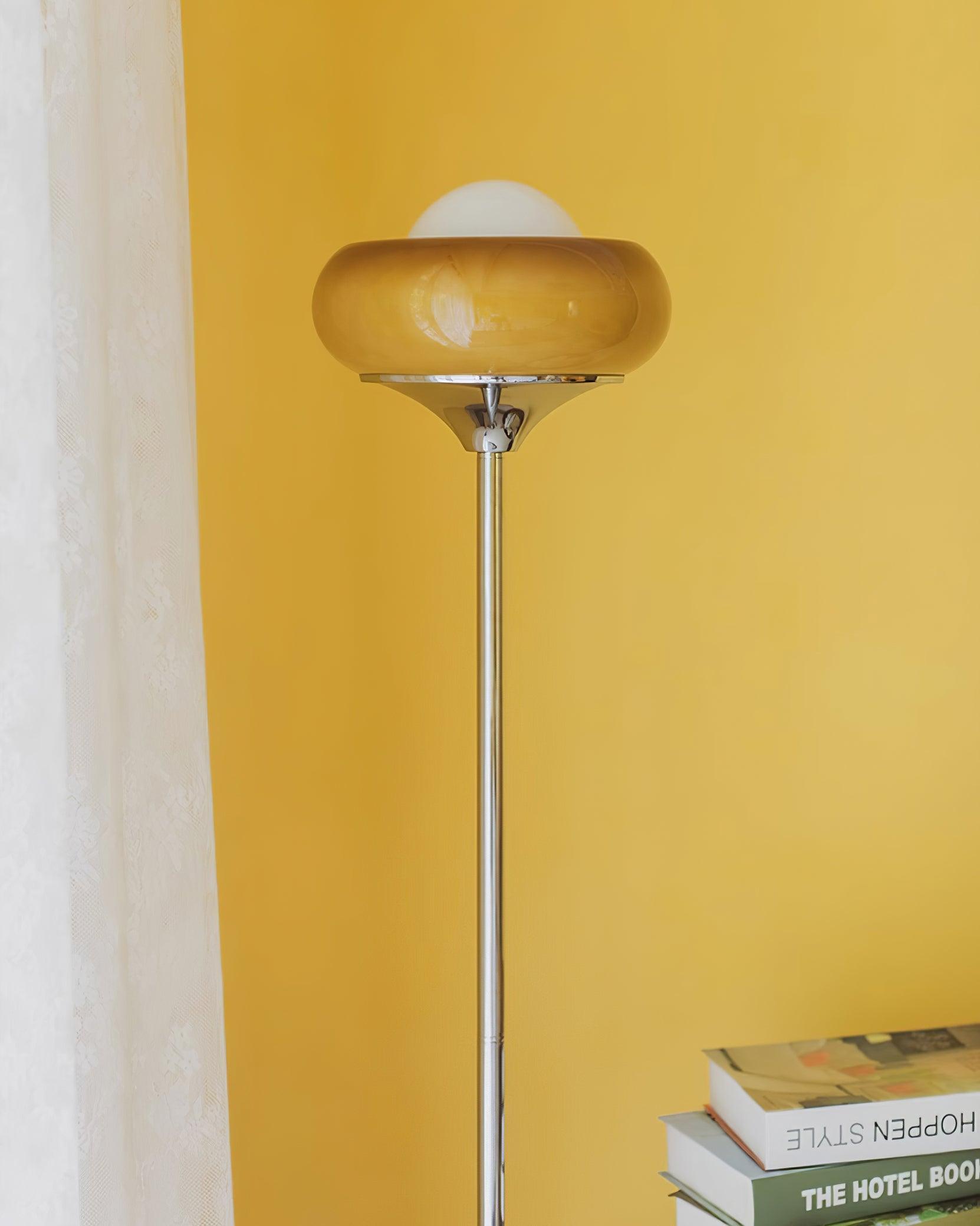 Vloerlamp Retro met Ronde Glazen Kap en Chromen Voet