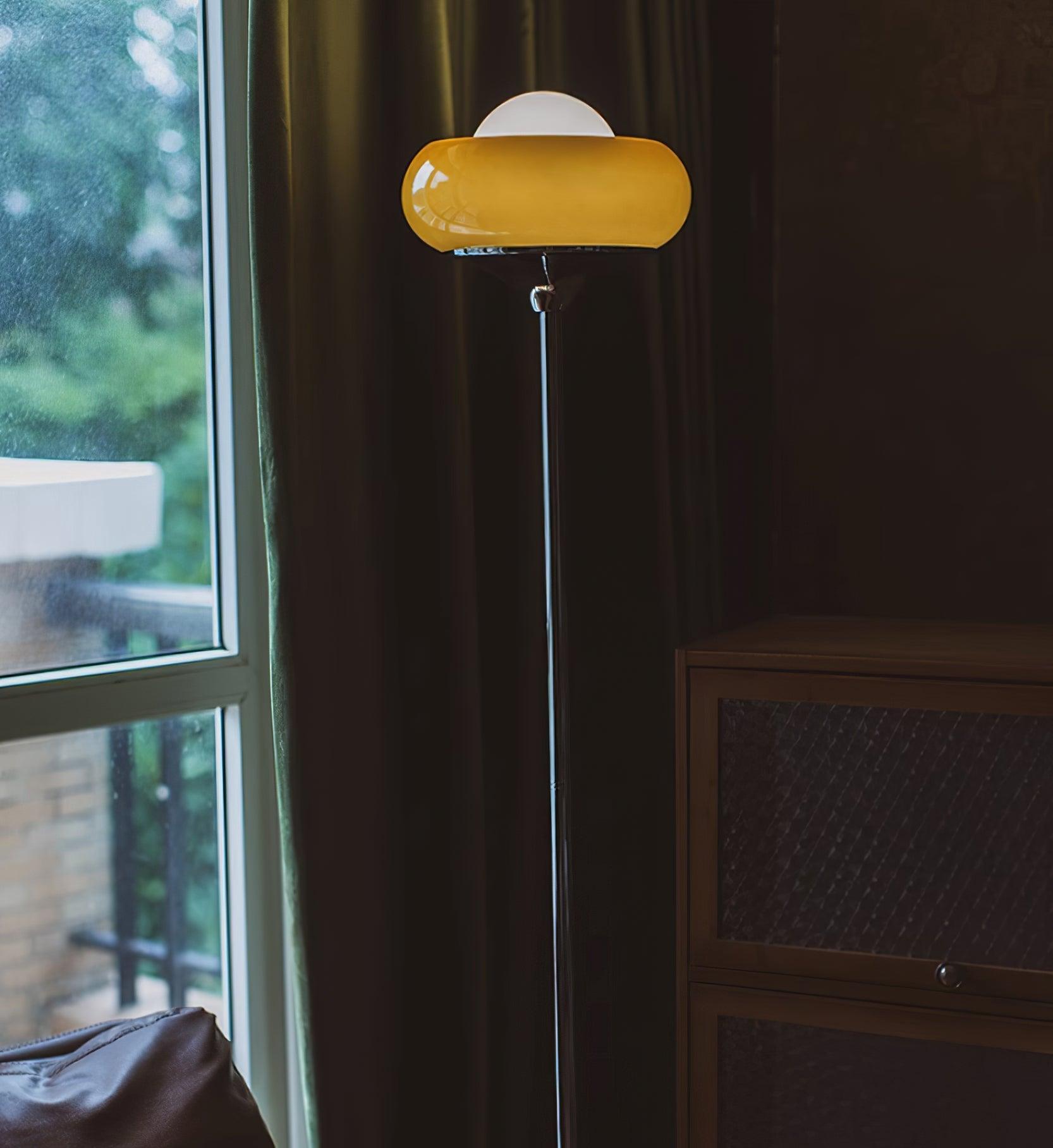 Vloerlamp Retro met Ronde Glazen Kap en Chromen Voet