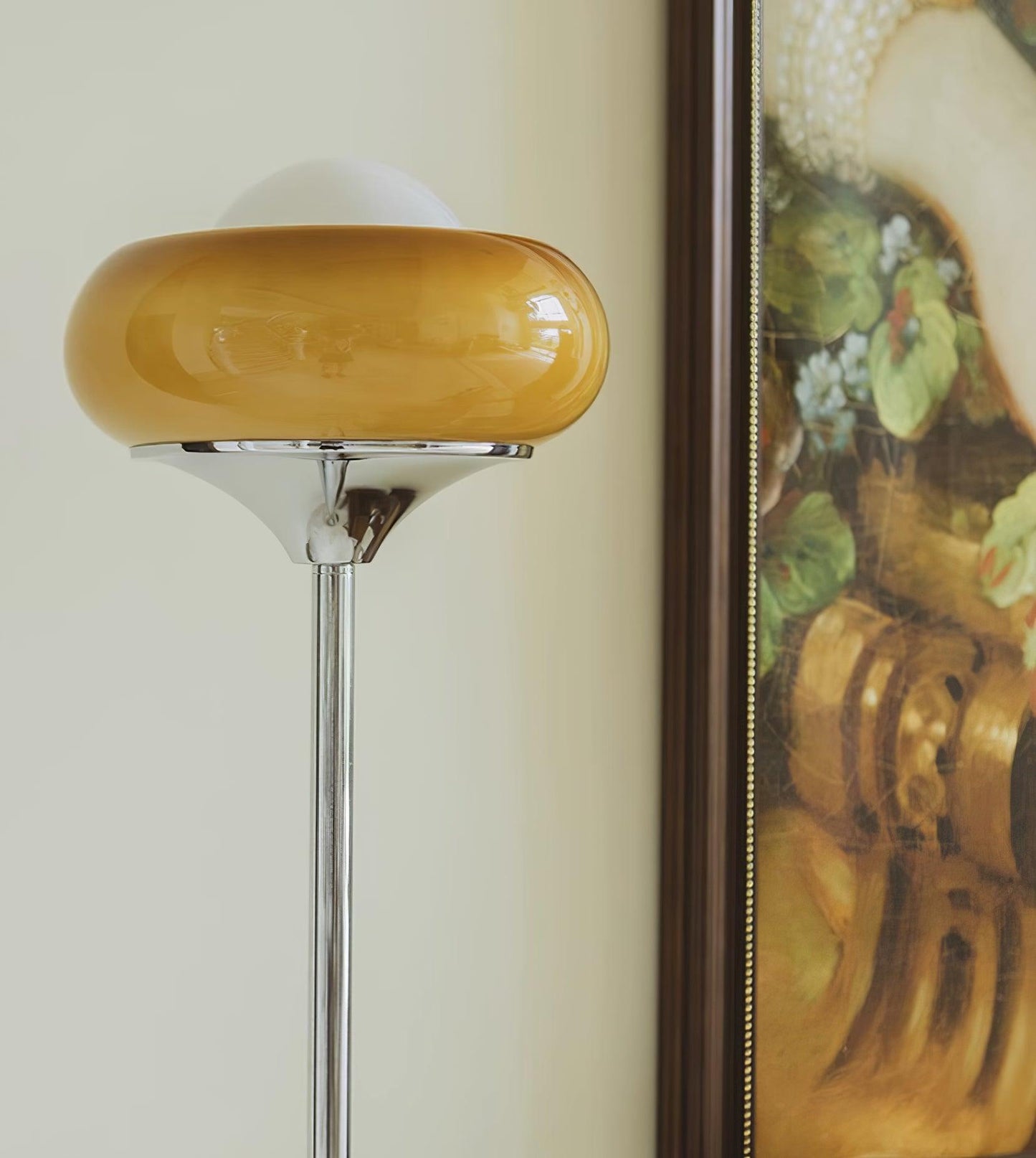 Vloerlamp Retro met Ronde Glazen Kap en Chromen Voet