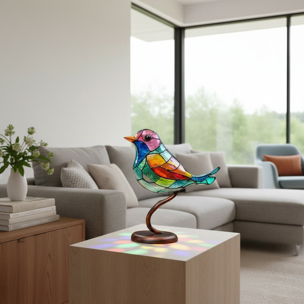 Vogel Beeldje met Glas-in-lood Look op Decoratief Standaard
