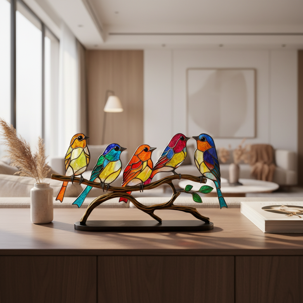 Vogel Beeldje met Glas-in-lood Look op Decoratief Standaard