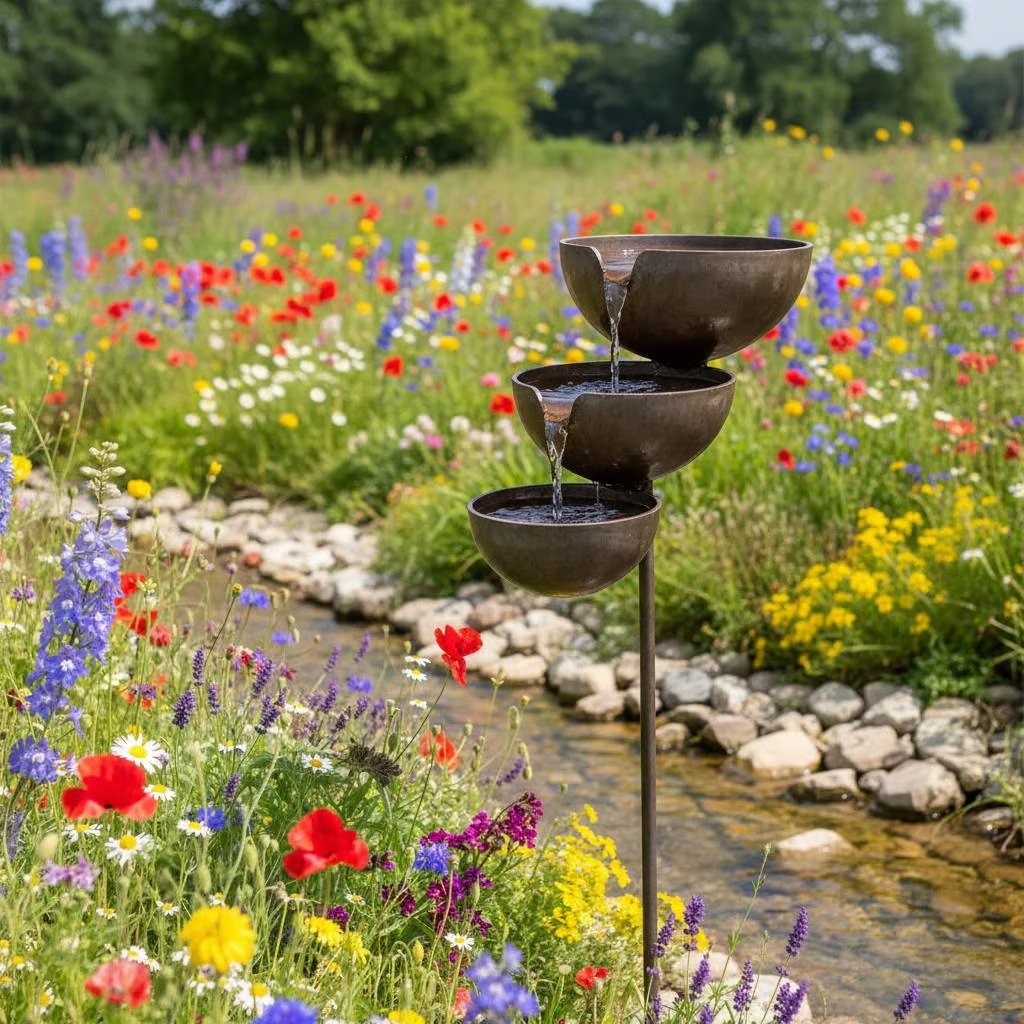 Vogelbadje Tuin met Drielaagse Schalen en Zwaartekracht Waterval zonder Pomp