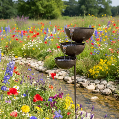 Vogelbadje Tuin met Drielaagse Schalen en Zwaartekracht Waterval zonder Pomp