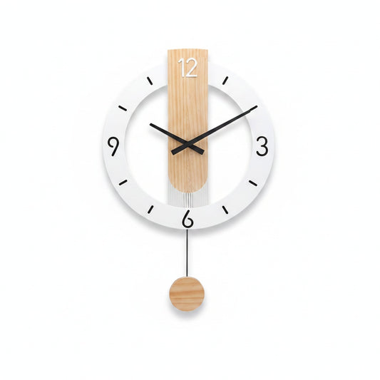 Wandklok Scandinavisch met Slinger en Houten Accent Rond