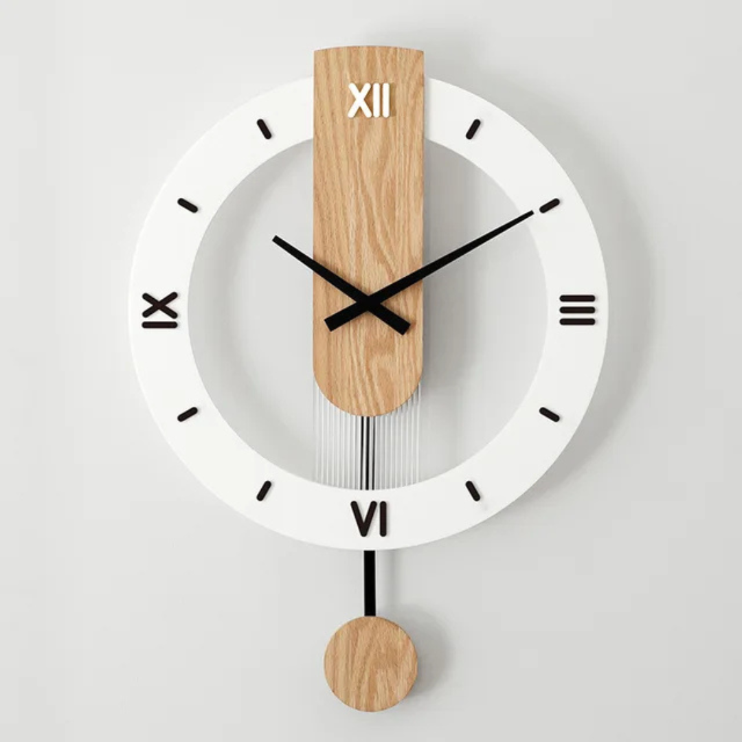 Wandklok Scandinavisch met Slinger en Houten Accent Rond