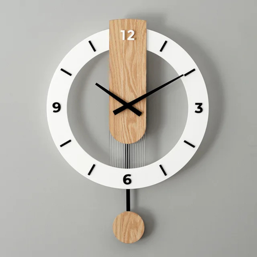 Wandklok Scandinavisch met Slinger en Houten Accent Rond