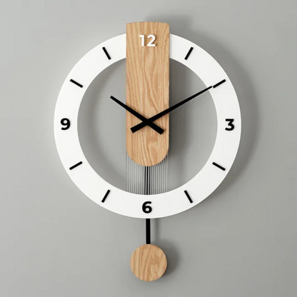 Wandklok Scandinavisch met Slinger en Houten Accent Rond