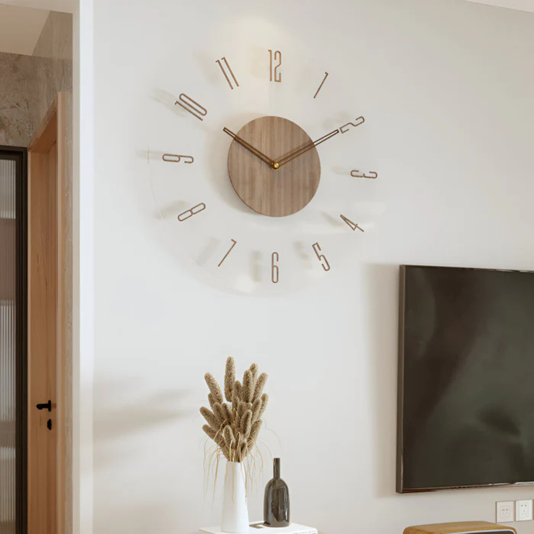 Wandklok Scandinavisch met Transparant Acryl en Houten Middenstuk Rond
