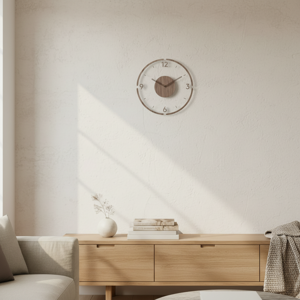 Wandklok Scandinavisch met Transparant Acryl en Houten Middenstuk Rond