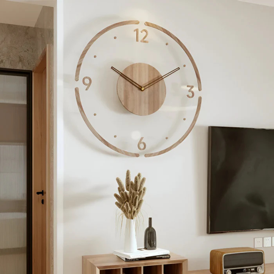 Wandklok Scandinavisch met Transparant Acryl en Houten Middenstuk Rond