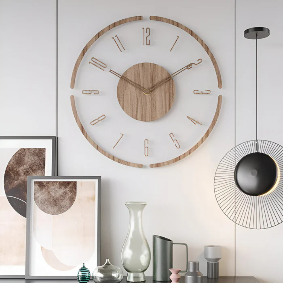 Wandklok Scandinavisch met Transparant Acryl en Houten Middenstuk Rond