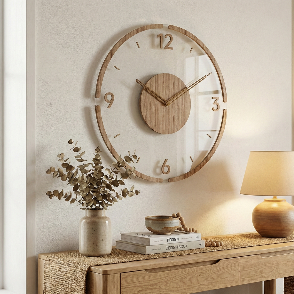Wandklok Scandinavisch met Transparant Acryl en Houten Middenstuk Rond