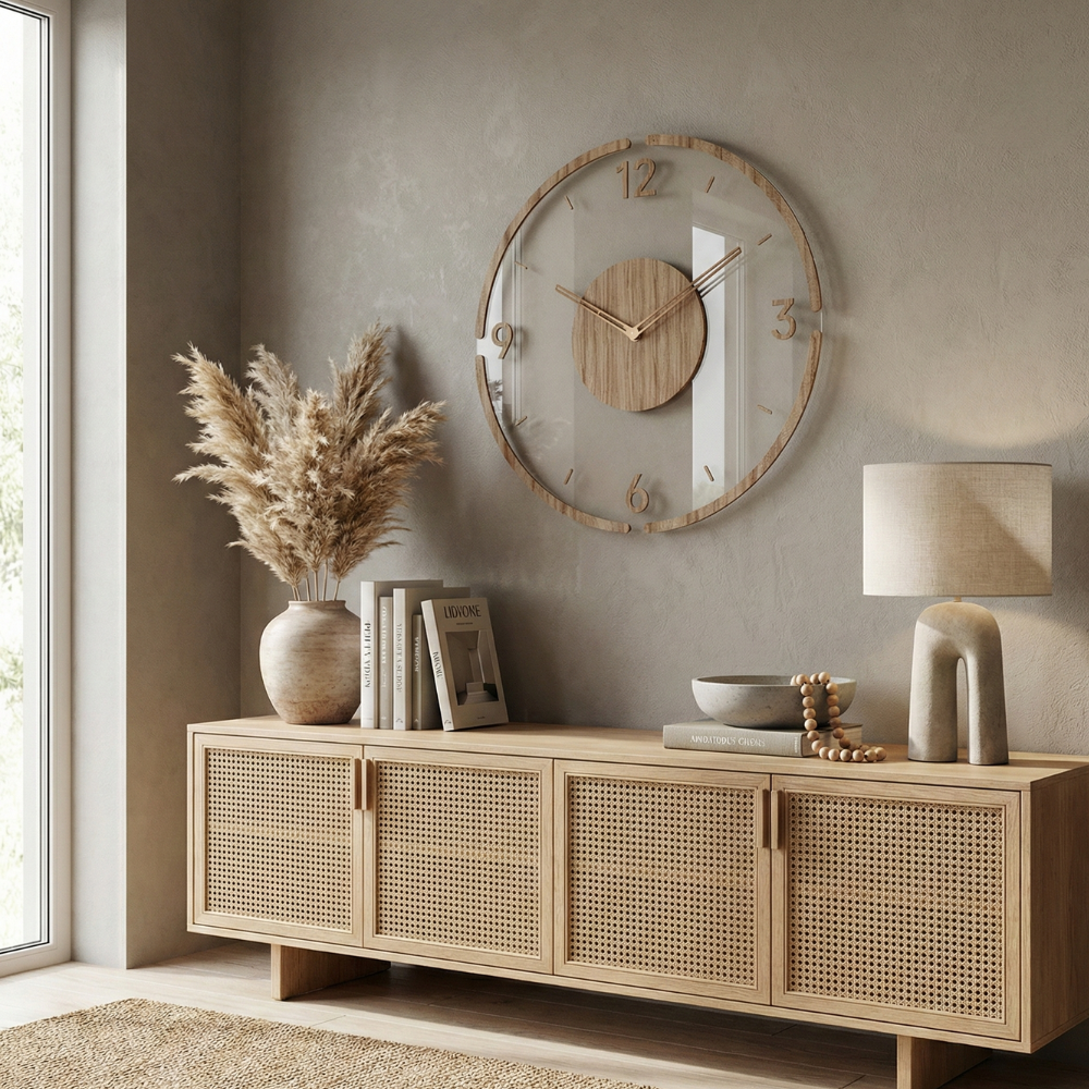 Wandklok Scandinavisch met Transparant Acryl en Houten Middenstuk Rond