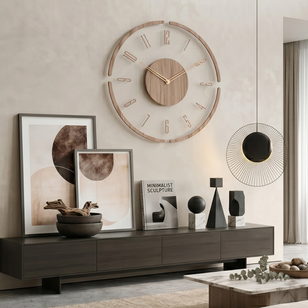 Wandklok Scandinavisch met Transparant Acryl en Houten Middenstuk Rond