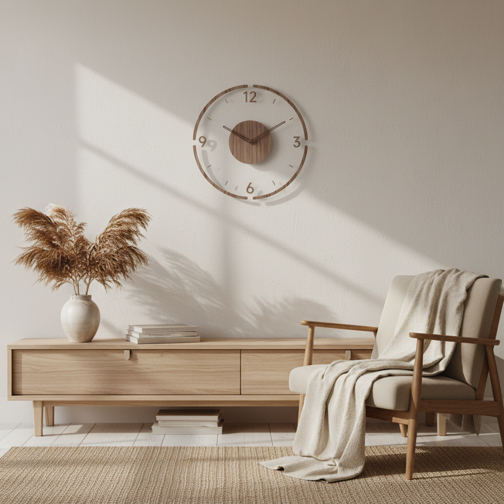 Wandklok Scandinavisch met Transparant Acryl en Houten Middenstuk Rond