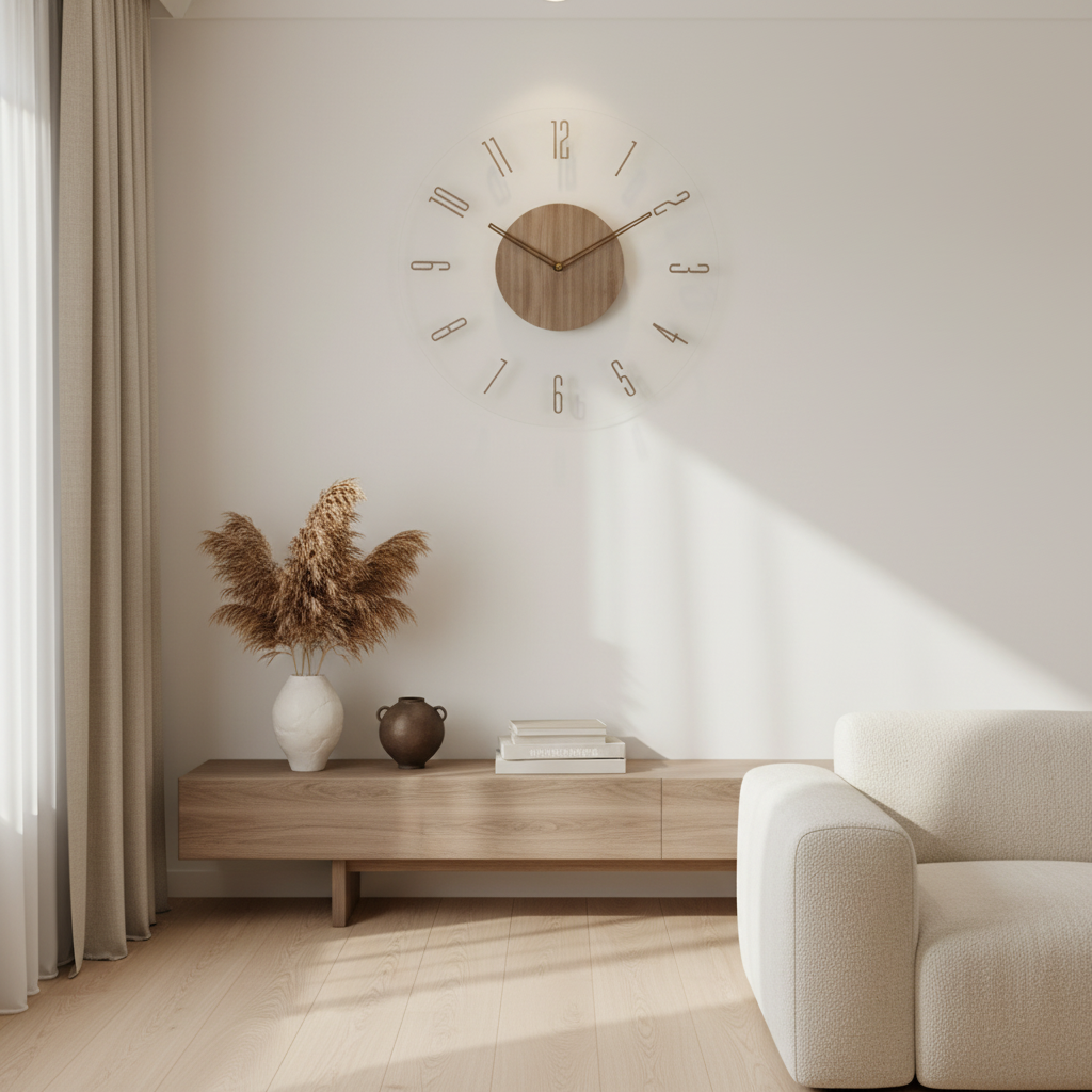 Wandklok Scandinavisch met Transparant Acryl en Houten Middenstuk Rond