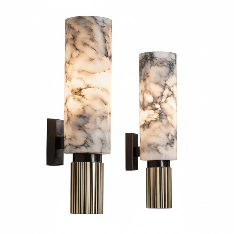 Wandlamp Art Deco met Cilindervormige Marmerlook Kap en Geribbelde Voet