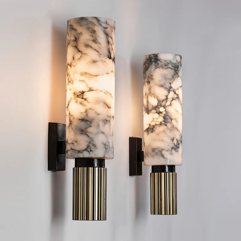 Wandlamp Art Deco met Cilindervormige Marmerlook Kap en Geribbelde Voet