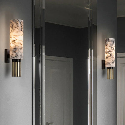 Wandlamp Art Deco met Cilindervormige Marmerlook Kap en Geribbelde Voet