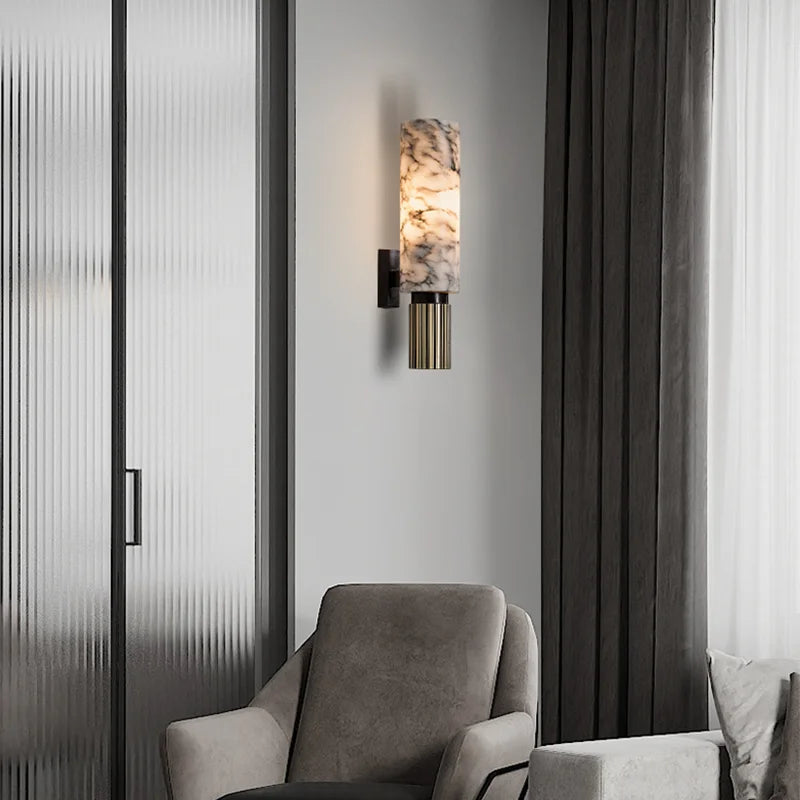 Wandlamp Art Deco met Cilindervormige Marmerlook Kap en Geribbelde Voet
