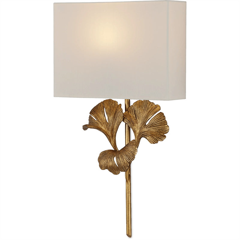 Wandlamp Art Deco met Ginkgoblad Sculptuur en Rechthoekige Kap