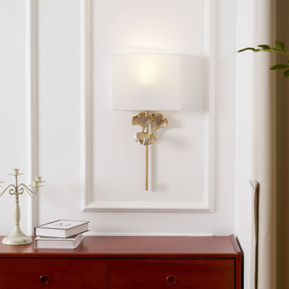 Wandlamp Art Deco met Ginkgoblad Sculptuur en Rechthoekige Kap