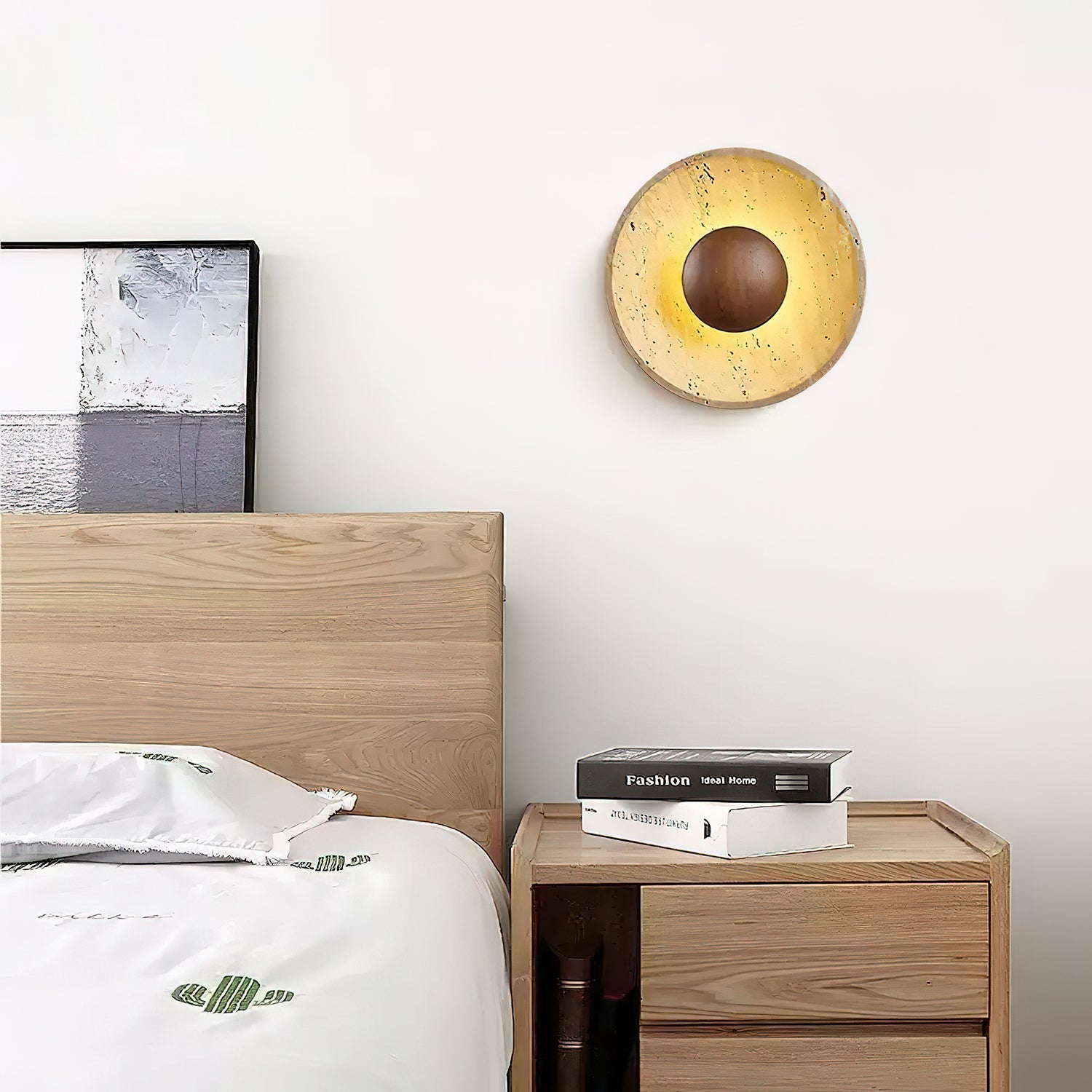 Wandlamp Bohemian met Ronde Steen Kap en Houten Bol
